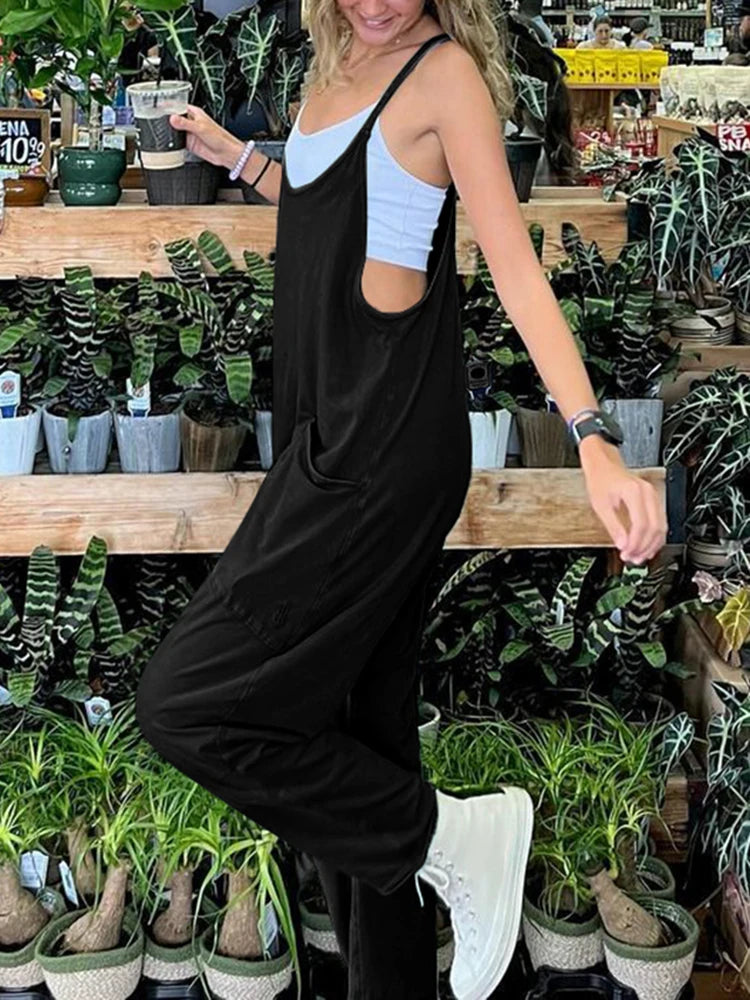 Solid Hippie Baggy Pockets Strappy Rompers Womens Jumpsuits Casual Streetwear