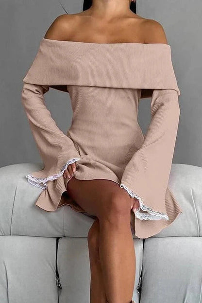 Off-Shoulder Mini Dress with Lace Detail and Flare Sleeves