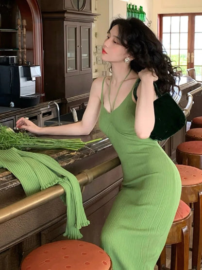 Vintage Chic Knitted 2-piece Dress Set Women Crop Cardigan V-neck Spaghetti Strap Bodycon Midi Dress Autumn New Female Clothing