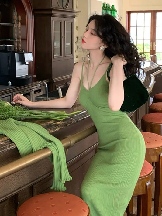 Vintage Chic Knitted 2-piece Dress Set Women Crop Cardigan V-neck Spaghetti Strap Bodycon Midi Dress Autumn New Female Clothing