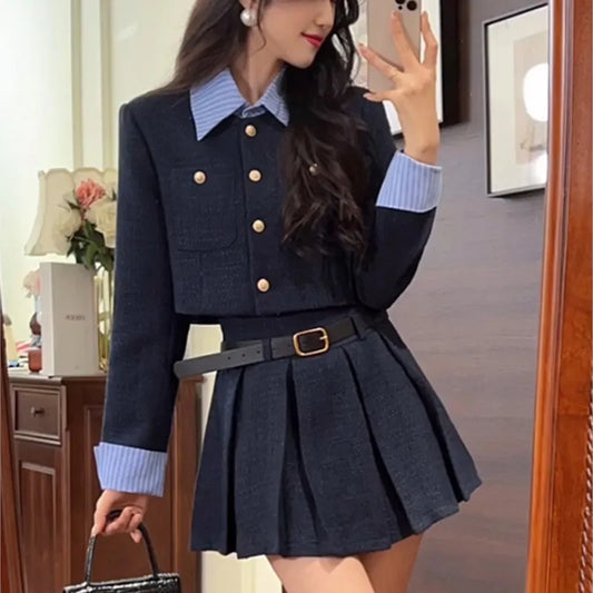 Elegant Two-piece Skirt Set Women Single Breasted Crop Top Pleated Mini Skirt Preppy Style Korean Fashion Autumn New Outfits