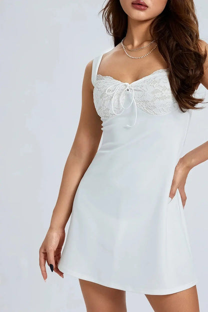 Patchwork Mini Dress with Lace V-Neck