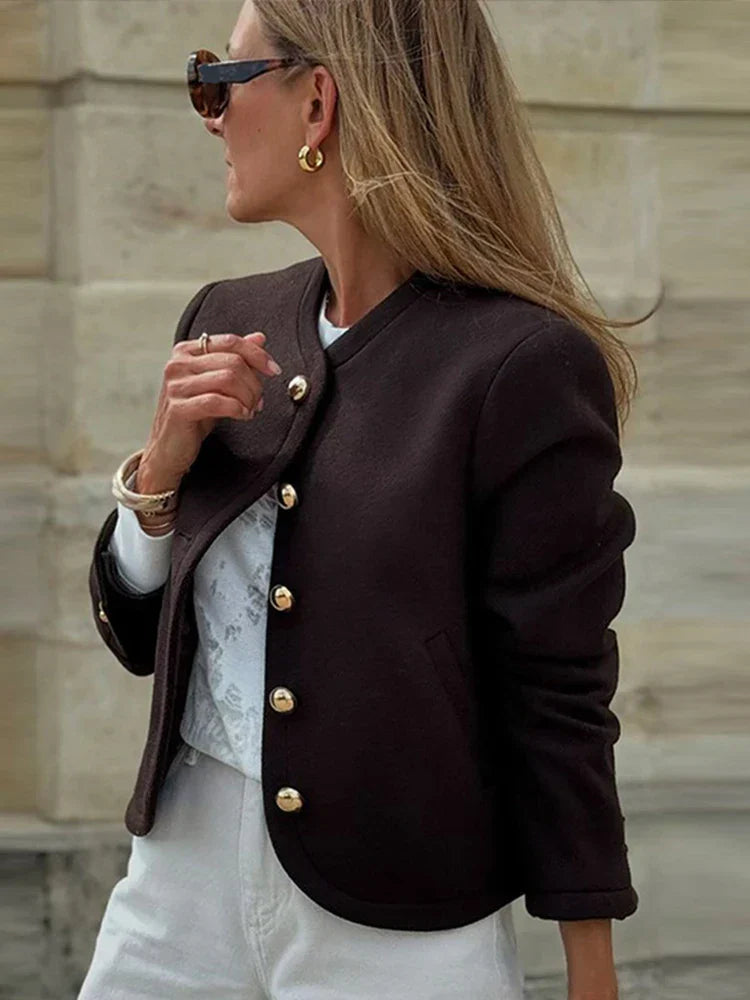 Elegant Solid O-neck Plush Short Coats Women Retro Slim Fit Single Breasted Jackets Female New Spring Chic Office Outwear