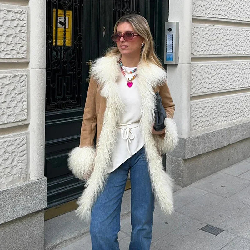 Vintage Furry Faux Fur Women Patchwork Coats Winter Long Sleeve Lapel Female Loose Jacket Casual Pockets Thick Warm Lady Outwear