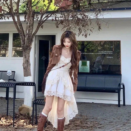 Voguable Y2K 2000S Irregular Midi Dress Fairy Lace Patchwork Strap One Pieces Dresses Vacation Korean Bodycon Vestidos