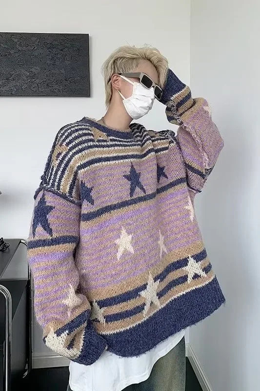 Voguable Y2K Star Sweater Harajuku Striped Knitted Pullovers Jumpers Tops Oversize Purple Winter Streetwear Hip Hop
