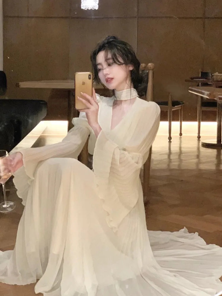 Autumn Solid Pleated Long Dresses for Women Halter V-neck Flare Sleeve Wedding Party Dress Korean Fashion One Piece Vestidos New