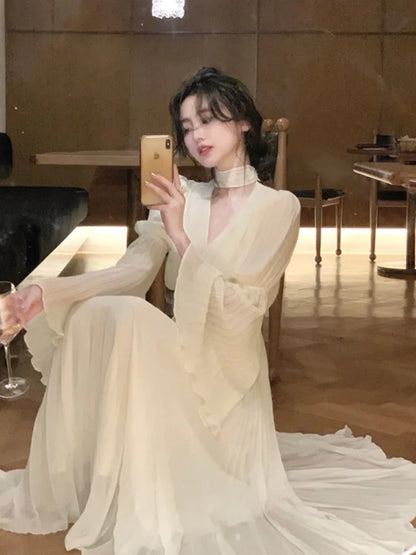 Autumn Solid Pleated Long Dresses for Women Halter V-neck Flare Sleeve Wedding Party Dress Korean Fashion One Piece Vestidos New