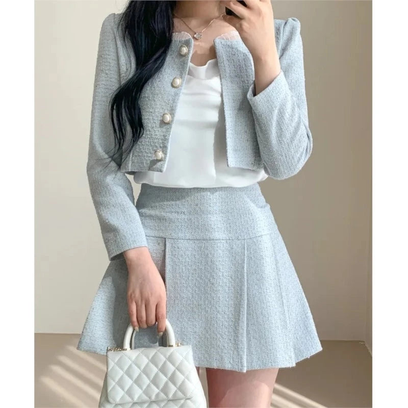 Korean Fashion Elegant Tweed Short Jacket Cropped Coats + High Waist Mini Skirts Suits Autumn New Slim Women Two-Piece Sets