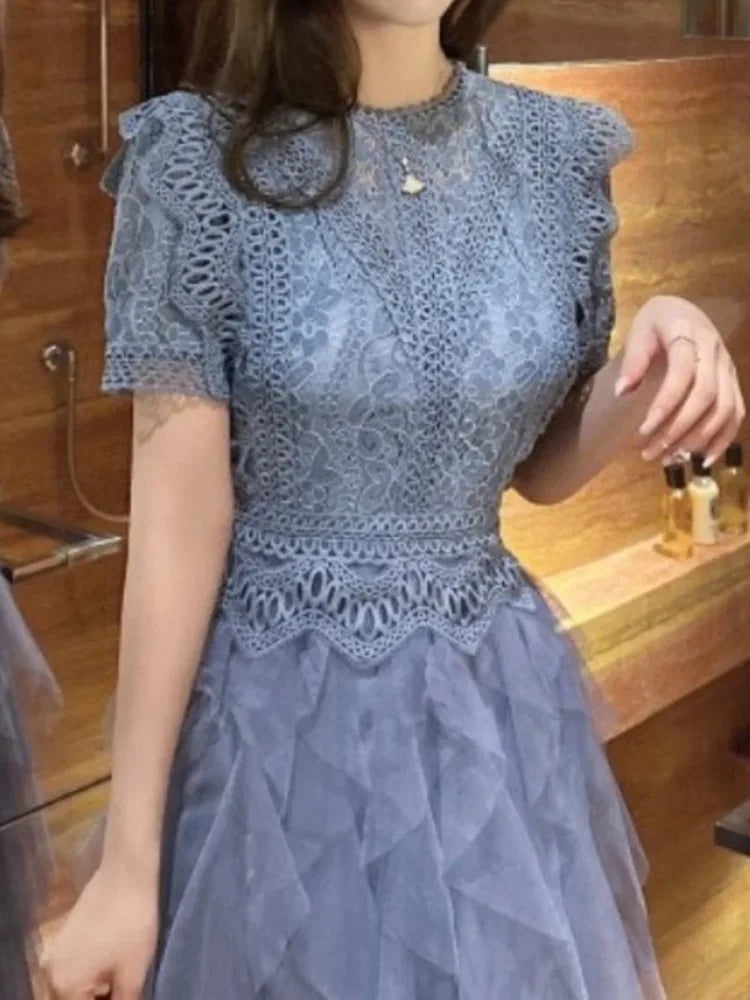 Korean Style O Neck Lace Hollow Out Patchwork Dress Elegant White Irregular Mesh Dresses Women 2025 New Spring Summer A7893