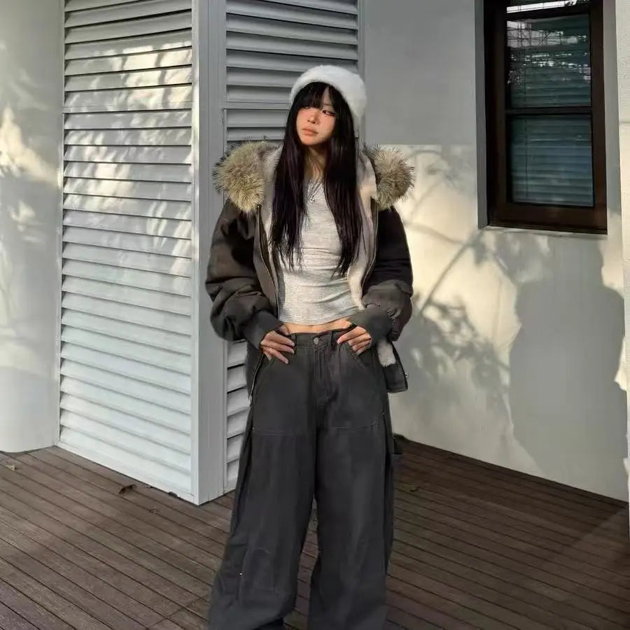 Hooded Stand Collar Plush Coat