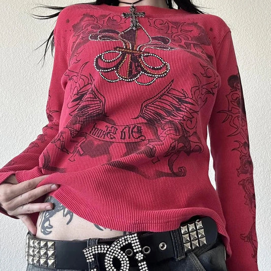 Graphic Print T-shirt Aesthetic Grunge Full Sleeve Pullovers Tees Women Vintage E-girl Gothic Mall Goth Crop Top Y2K Emo Clothes