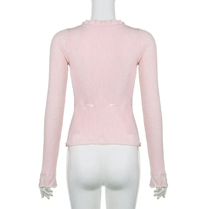 Fairycore Clothing Top y2k Ruffle Lace Patchwork Long Sleeve Knitted T Shirt 2000s Coquette Clothes Streetwear