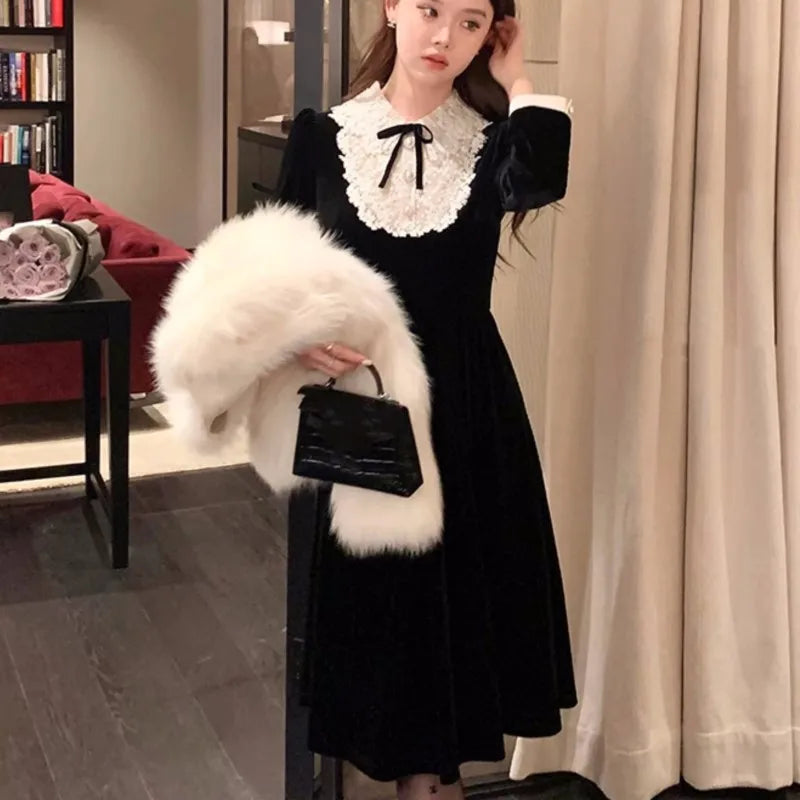 French Vintage Princess Evening Party Dresses Women Lace Patchwork Velvet Mini Dress A-line Korean Fashion Autumn Vestidos Mujer
