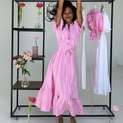 Leisure V-Neck Lace Up White Maxi Dress For Women Solid Color High Waisted Short Sleeves Ruched Patchwork Girdle Dress