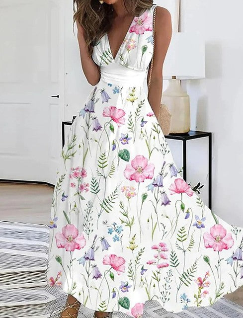 Summer Flower Printed Sleeveless Long Dresses Sexy V-neck Elegant Lady Party A-line Dress Fashion Chic Maxi Evening Vestidos New