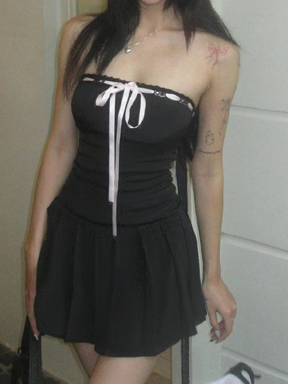 Korean Fashion Contrast Tie Bow Strapless A Line Pleated Dress Women Cute Sweet Kawaii Clothing