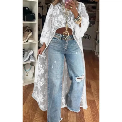 Lace Floral High Neck Puff Sleeve Blouse