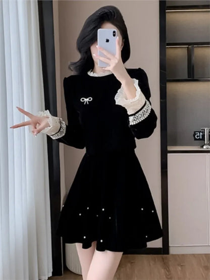 Autumn Elegant Velvet Two-piece Skirt Set Women Long Sleeve Lace Patchwork Crop Top Mini Skirt Korean Fashion Y2K Chic Outfits