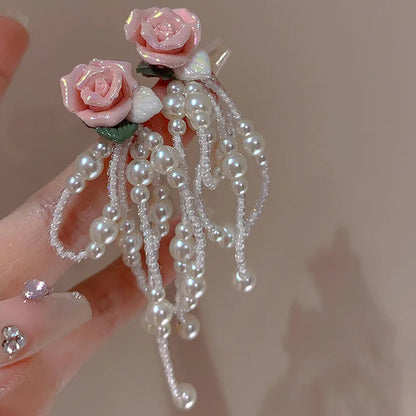 Korean Fashion Pink Flower Pearl Tassel Earrings for Women Luxury Fairy Jewelry