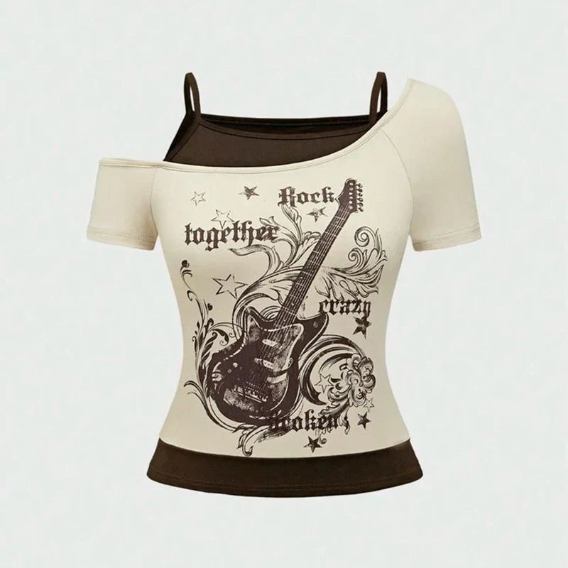 Y2k Slim Fit Print Tops Off Shoulder Short Sleeve Tee Shirt Neploe American Vintage Fake Two Piece Halter Lace Up T-shirts