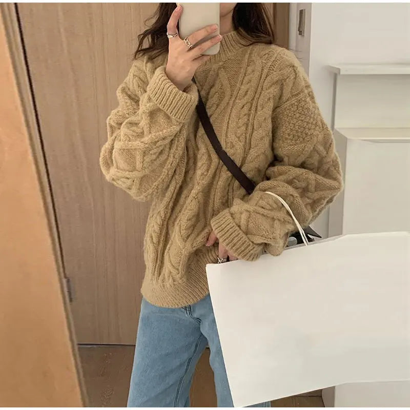 Thick Twisted Sweater Women Autumn Long Sleeve O-neck Female Knitted Pullover Solid Casual Loose Lady Kintwear Tops