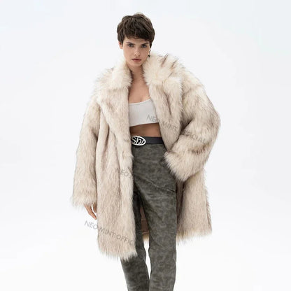 Luxury Brand Fluffy Faux Fur Jacket Women  Winter Long Thicken Warm Gradient Fox Fur Coat Streetwear Furry Overcoat
