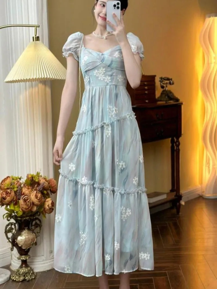 French Vintage Floral Ruffles Midi Dresses for Women Lace Square Collar Puff Sleeve Elegant Princess Birthday Party Dress New