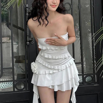 Tube Dress for y2k Clothes Off Shoulder Strapless Sleeveless Ruffle Hem Mini Dress Evening Party Dresses