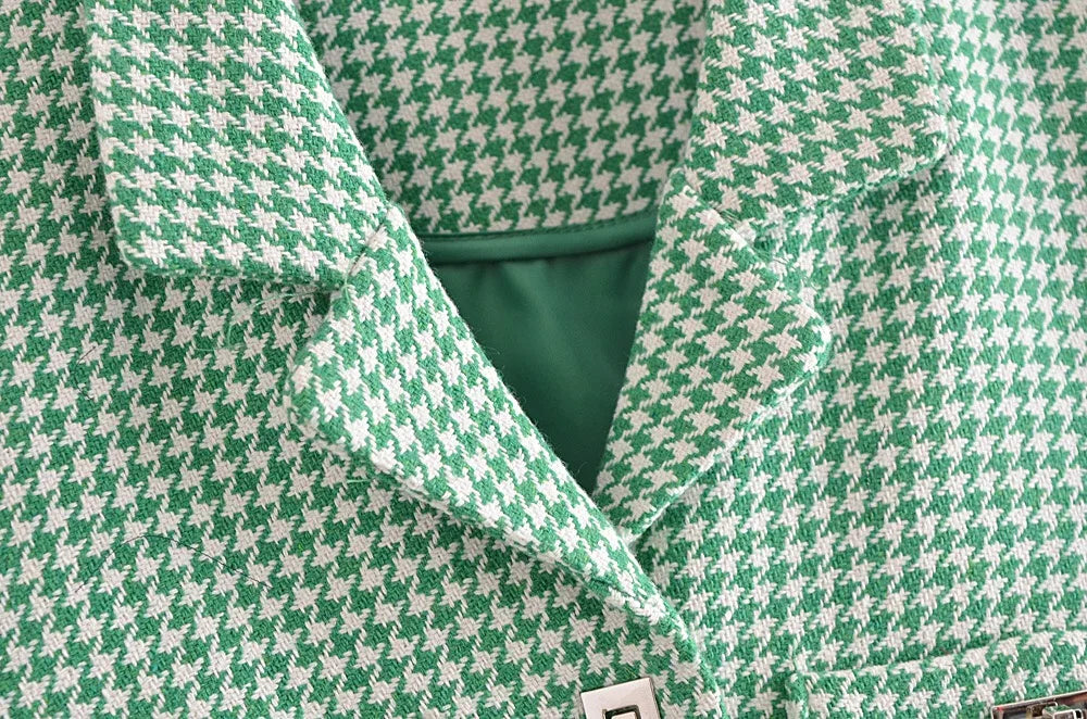 Retro French Style Green Check Plaid Weavon Cropped Blazer Women Notched Metal Buckle Buttons High Waist Suit Short Coat Outwear