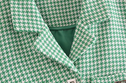 Retro French Style Green Check Plaid Weavon Cropped Blazer Women Notched Metal Buckle Buttons High Waist Suit Short Coat Outwear