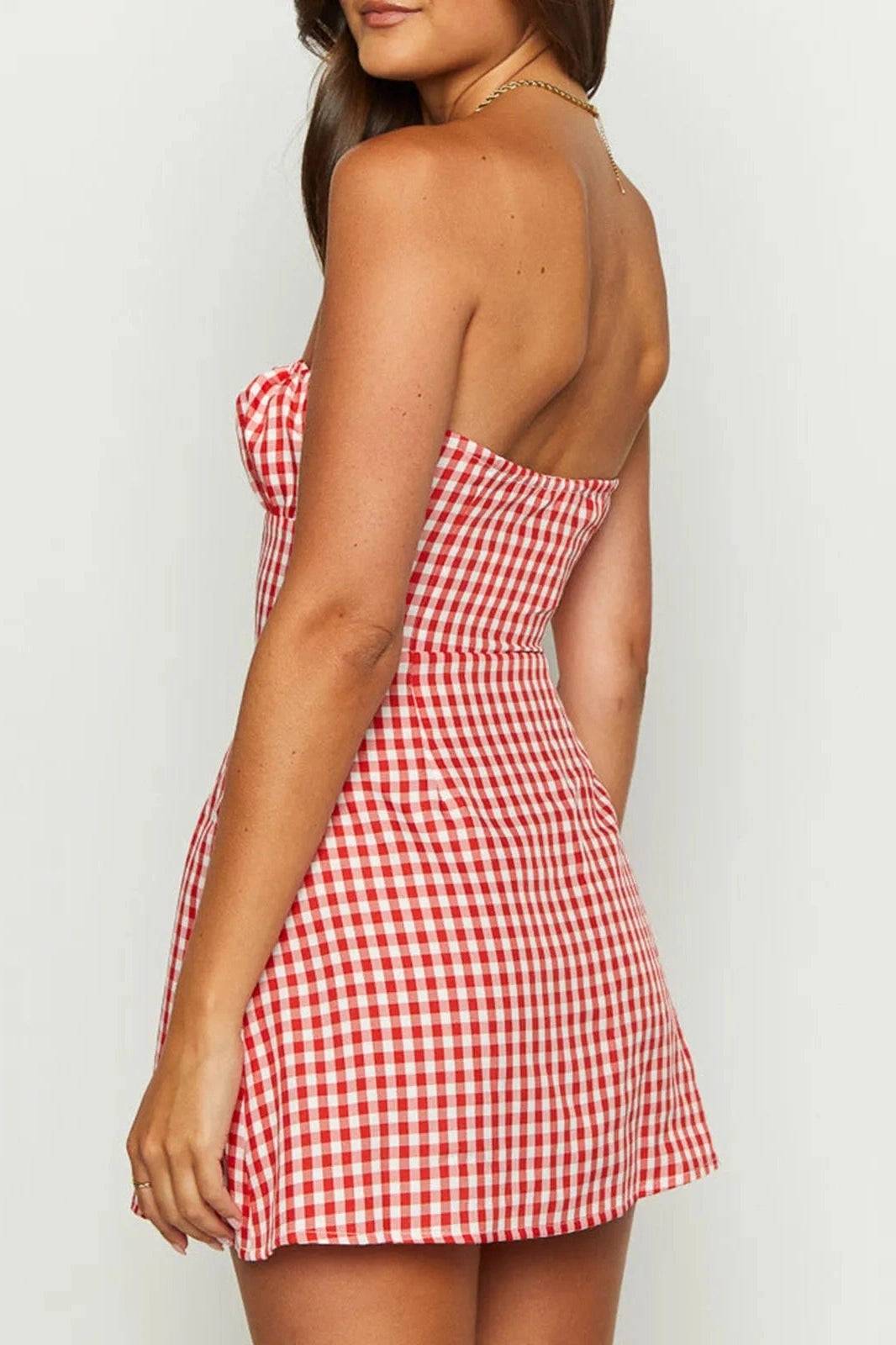Plaid Slim Fit Mini Dress with Strapless Backless Tie-Up