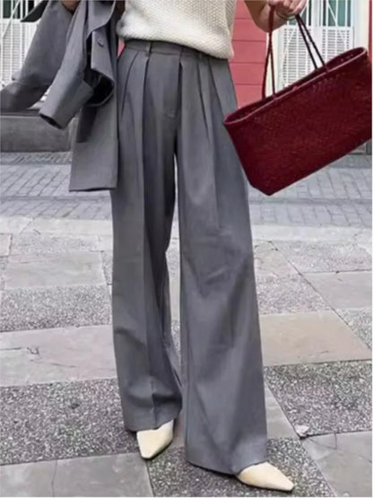 New Autumn Gray Straight Pant Cotton Blend Solid Color High Wiast Loose Woman Trouser Casual Simple Female Clothing New
