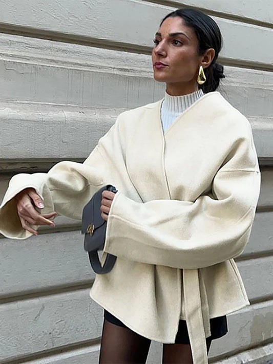 Elegant Woolen Long Sleeve Coat With Belt Women Loose Casual V-neck Solid Short Overcoat Autumn Vintage Lady Thick Warm Outwear