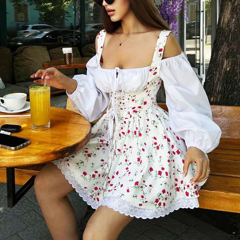 Puff Sleeve Suspender Dress Women Fake Two Pieces Flower Strapless Ruffles Splice Long Sleeve Lace Up Party Dress Summer