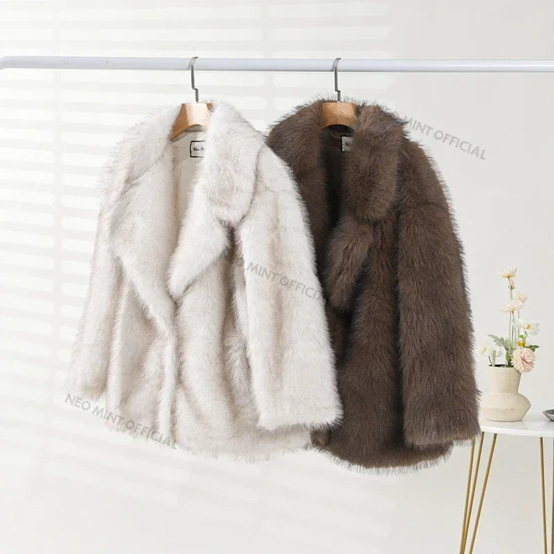 Winter Faux Fur Coat Women Brand Fashion Fluffy Fox Fur Outerwear Overcoat Girl Street Style Furry Warm Jacket