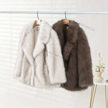 Winter Faux Fur Coat Women Brand Fashion Fluffy Fox Fur Outerwear Overcoat Girl Street Style Furry Warm Jacket