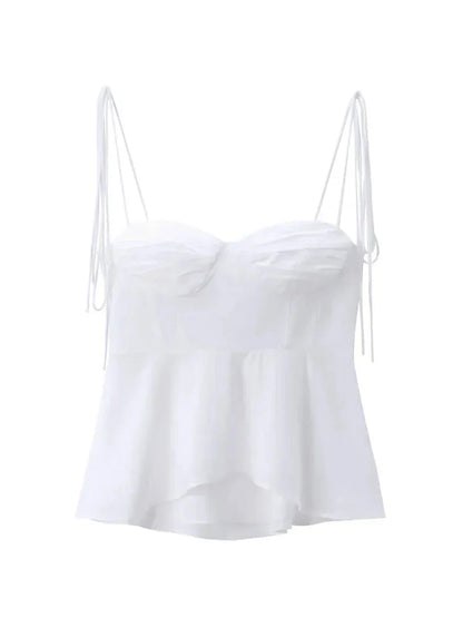 White Smocked Strappy Camisole Sleeveless Ruffle Slim Bra Solid Color Streetwear Y2k Tops Camisole