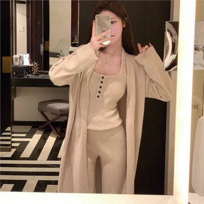 Autumn Winter New Knitted 3-piece Set Women Halter Vest Long Cardigan Long Pants Casual Solid Korean Fashion Female Outfits