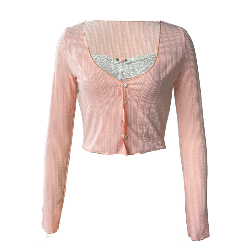 y2k Crop Top Sweet Aesthetic Clothes Lace Patchwork Long Sleeve T Shirt with Bow Decor 2000s Clothing Streetwear