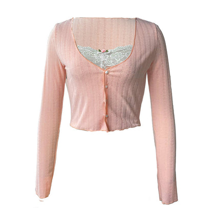 y2k Crop Top Sweet Aesthetic Clothes Lace Patchwork Long Sleeve T Shirt with Bow Decor 2000s Clothing Streetwear