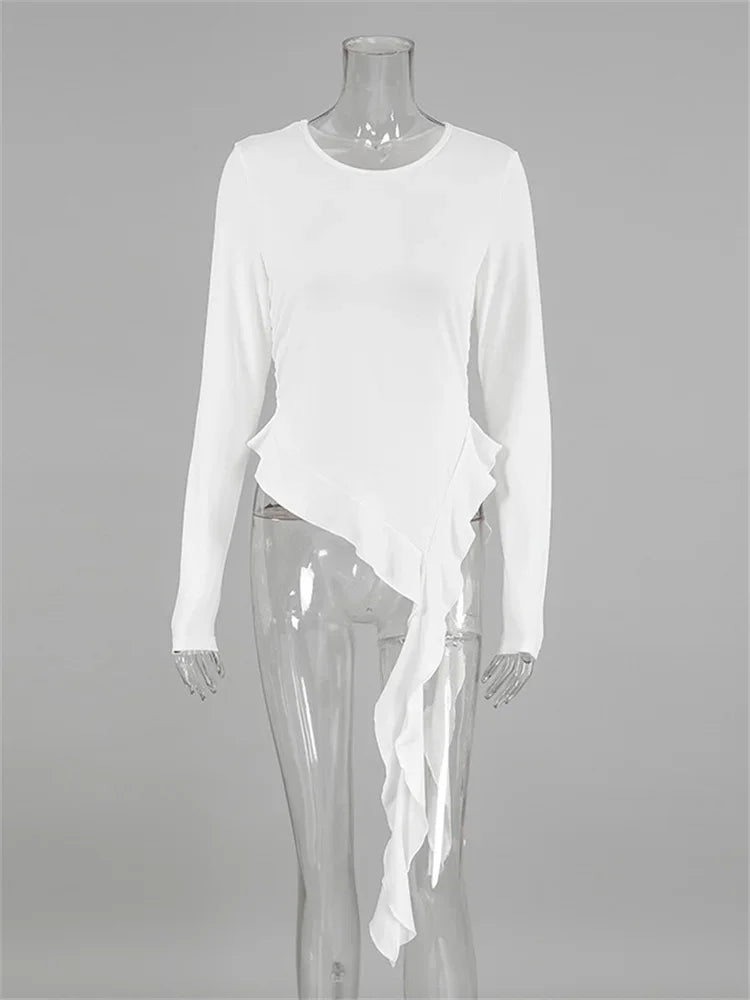 White Knit Slim T-shirt Pullover Female Ruffled Patchwork See-Through Long Sleeve Y2k Sexy Inner Top Women’s Knitwear Tee
