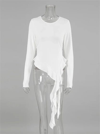 White Knit Slim T-shirt Pullover Female Ruffled Patchwork See-Through Long Sleeve Y2k Sexy Inner Top Women’s Knitwear Tee