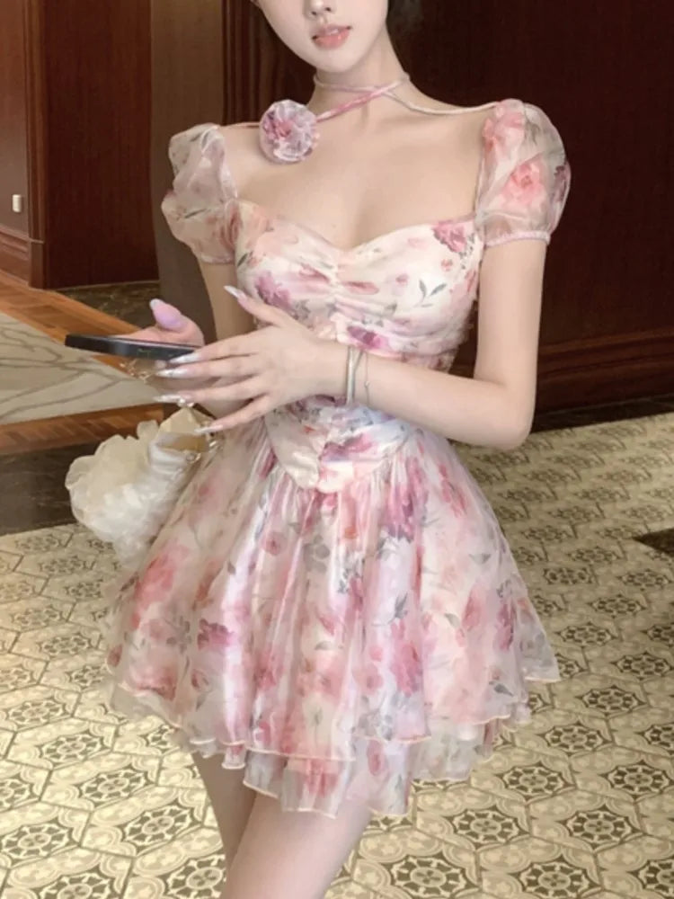 Elegant Princess Floral Short Dresses for Women Y2K Puff Sleeve Backless Printed Ruffles A-line Korean Fashion One Piece Vestido