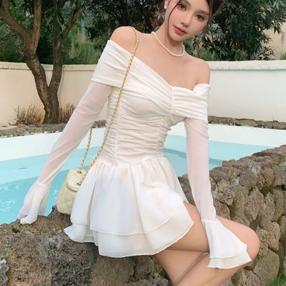 Elegant Mini White Dresses for Women Slash Neck Flare Sleeves Slim Waist Ruffles A-line Korean Fashion Short Vestidos Mujer New