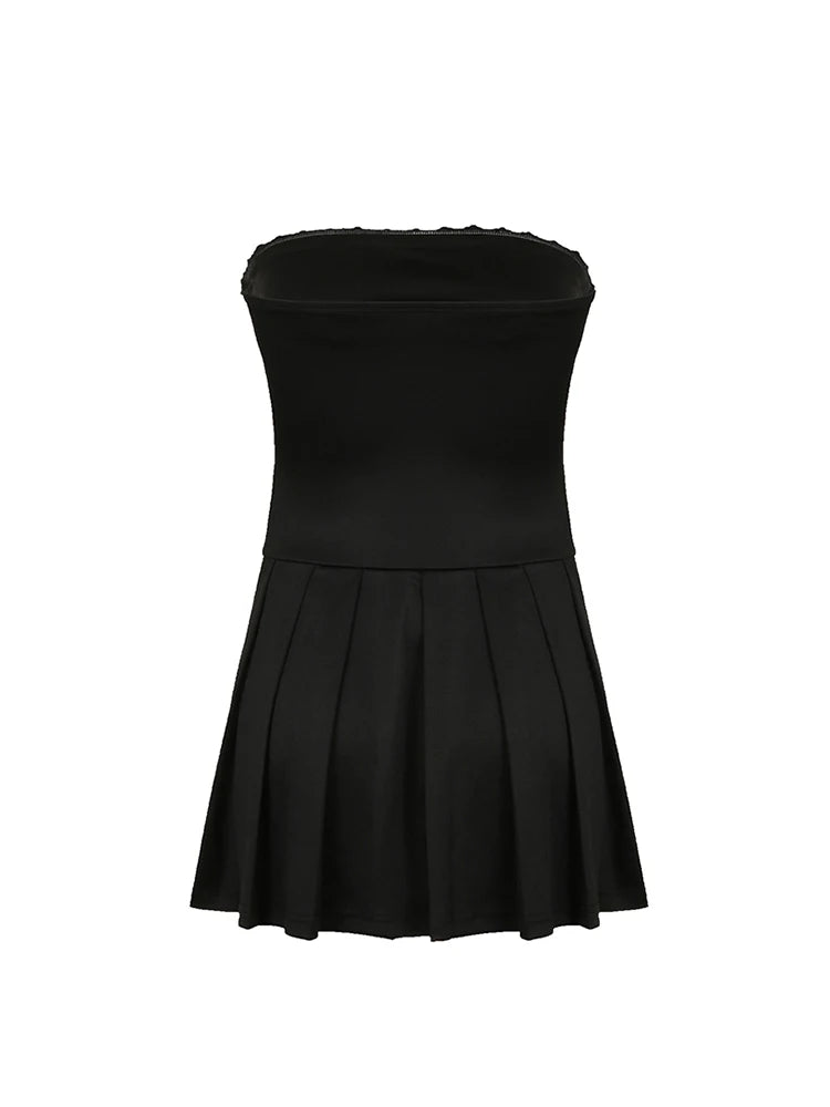 Korean Fashion Contrast Tie Bow Strapless A Line Pleated Dress Women Cute Sweet Kawaii Clothing