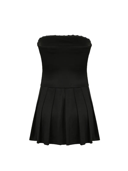 Korean Fashion Contrast Tie Bow Strapless A Line Pleated Dress Women Cute Sweet Kawaii Clothing