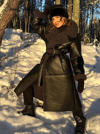Fashion Lamb Wool PU Leather Long Jacket Women With Belt Patchwork Lapel Pocket Oversize Overcoat  Winter Warm Thick Outwear