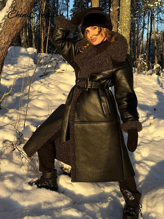 Fashion Lamb Wool PU Leather Long Jacket Women With Belt Patchwork Lapel Pocket Oversize Overcoat  Winter Warm Thick Outwear