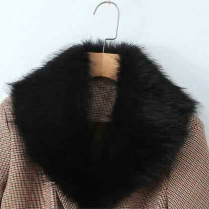 2 pieces 1 set Women Slim Boning Waist Removable Faux Fur Collar Houndstooth Plaid Blazer + High Waist A line Mini Skirt Suits